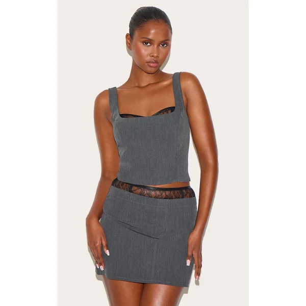 Noir Mini-jupe Tissée Ceinturée Avec Détail Dentelle À La Taille