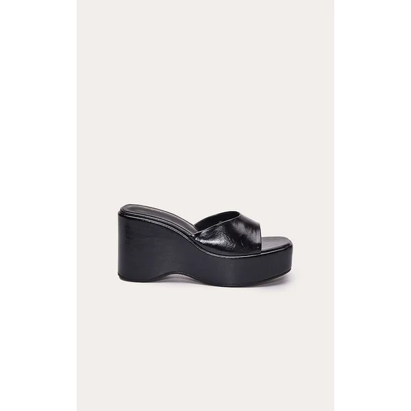 Noir Mules Compensées Vernies Plissées
