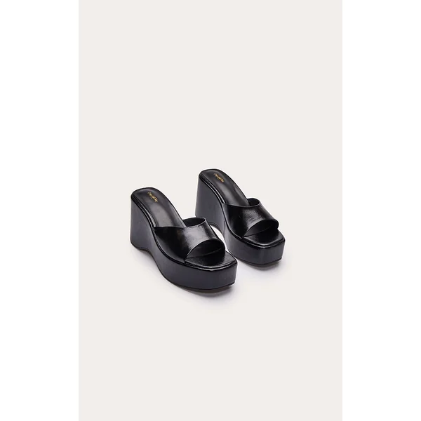 Noir Mules Compensées Vernies Plissées
