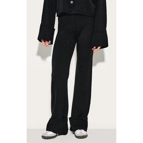 Noir Pantalon En Maille À Ourlet Retroussé