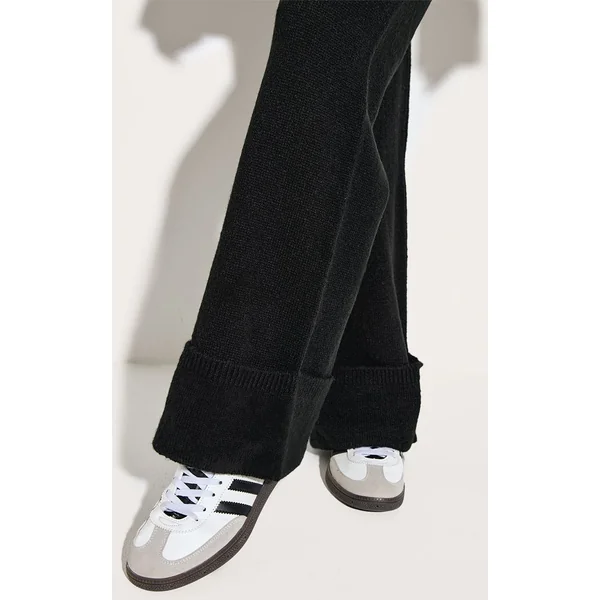 Noir Pantalon En Maille À Ourlet Retroussé