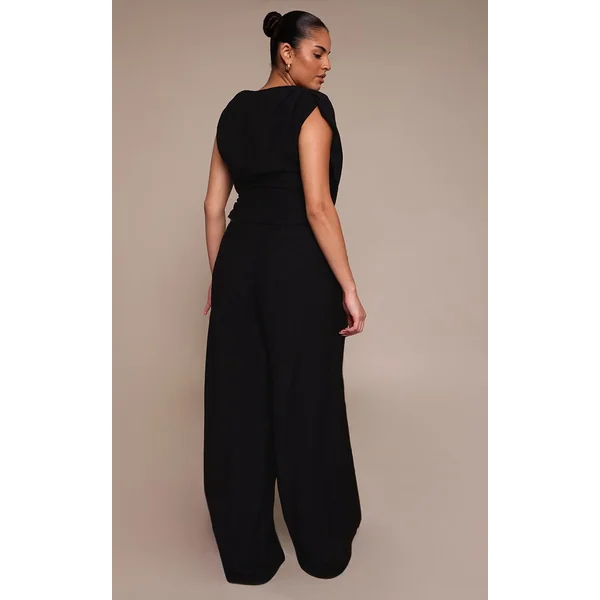 Noir Pantalon Large Taille Haute Tissé Grande Taille Ensemble Coordonné