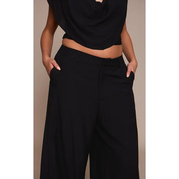 Noir Pantalon Large Taille Haute Tissé Grande Taille Ensemble Coordonné
