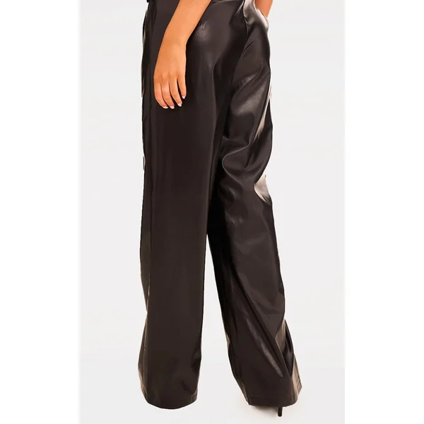 Noir Pantalon Large Taille Mi-haute En Synthétiquecuir