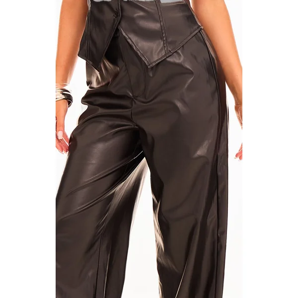 Noir Pantalon Large Taille Mi-haute En Synthétiquecuir