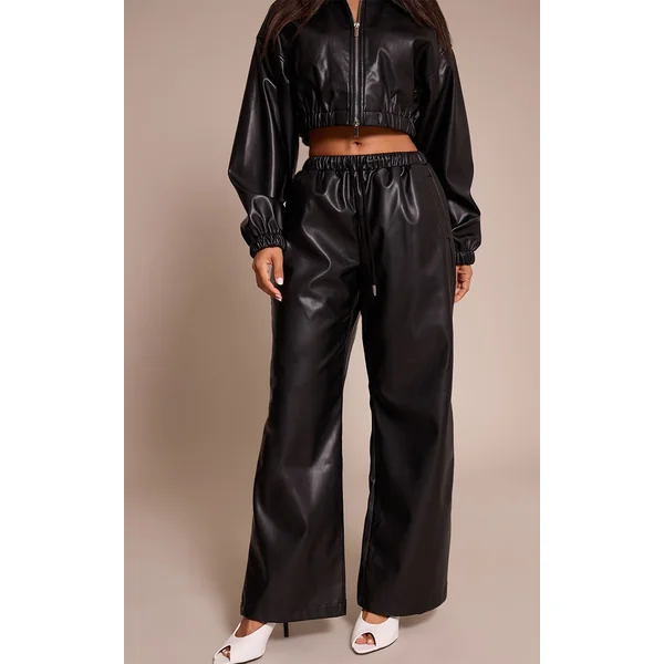 Noir Pantalon Large Taille Élastiquée En Synthétiquecuir Petite Taille Ensemble Coordonné