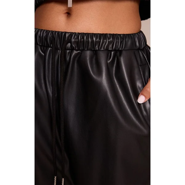 Noir Pantalon Large Taille Élastiquée En Synthétiquecuir Petite Taille Ensemble Coordonné