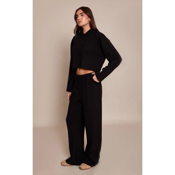 Noir Pantalon Large À Cordon En Maille Côtelée Brossée Ensemble Coordonné