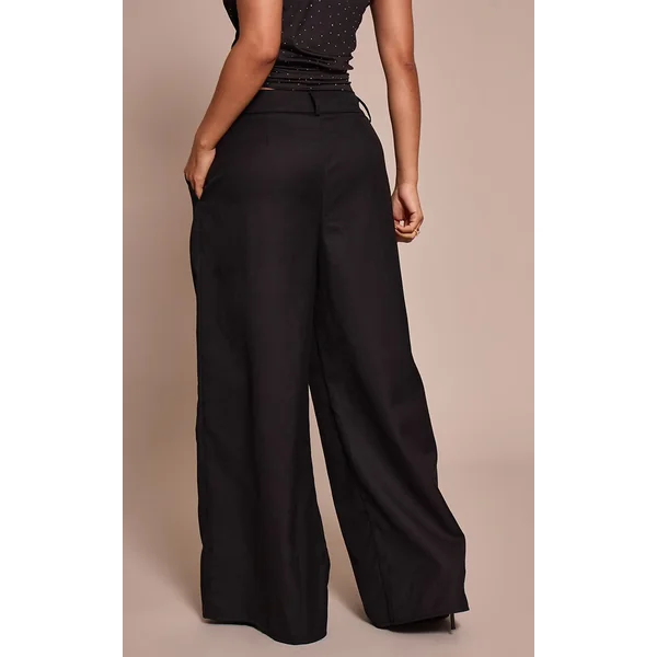 Noir Pantalon Large À Double Pli En Tissu Fluide Petite