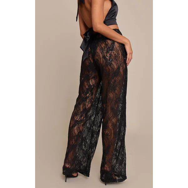 Noir Pantalon Transparent En Dentelle À Sequins