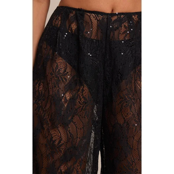 Noir Pantalon Transparent En Dentelle À Sequins