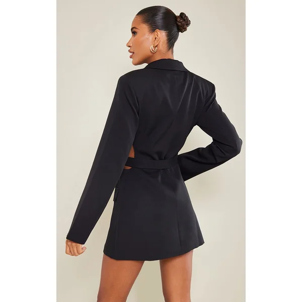 Noir Robe Blazer Décolleté Plongeant Avec Découpe Latérale Et Détail Noué