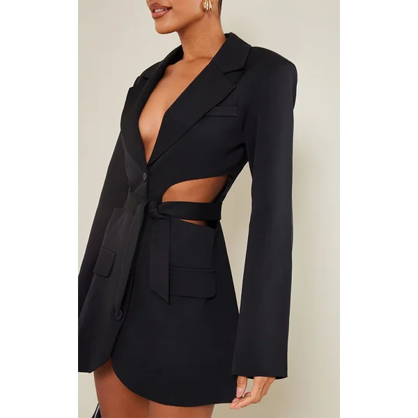 Noir Robe Blazer Décolleté Plongeant Avec Découpe Latérale Et Détail Noué