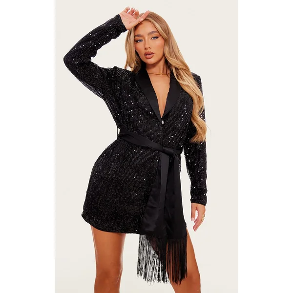 Noir Robe Blazer À Paillettes Avec Détail De Glands Et Lien