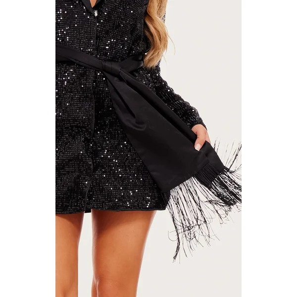 Noir Robe Blazer À Paillettes Avec Détail De Glands Et Lien