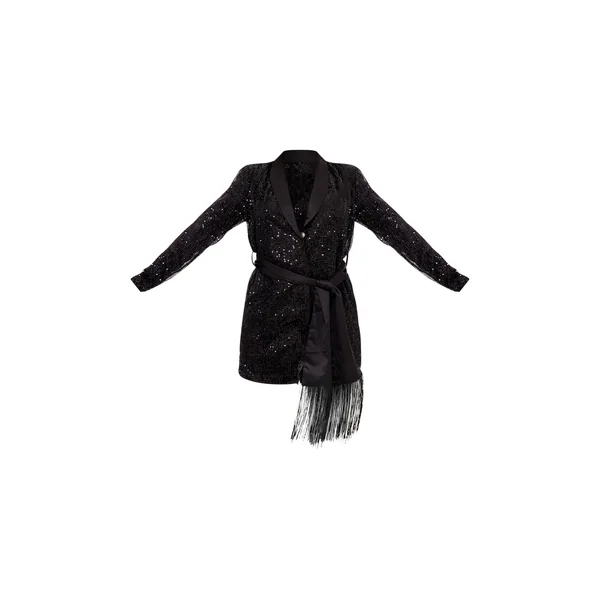 Noir Robe Blazer À Paillettes Avec Détail De Glands Et Lien