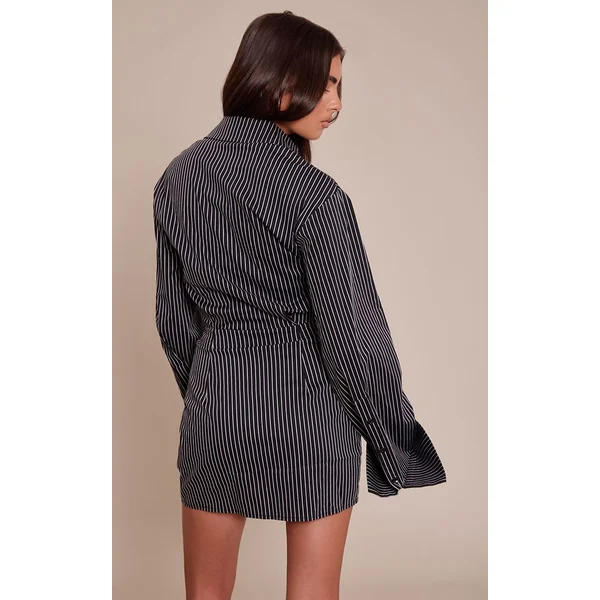 Noir Robe Chemise Cintrée À Fines Rayures Boutonnée