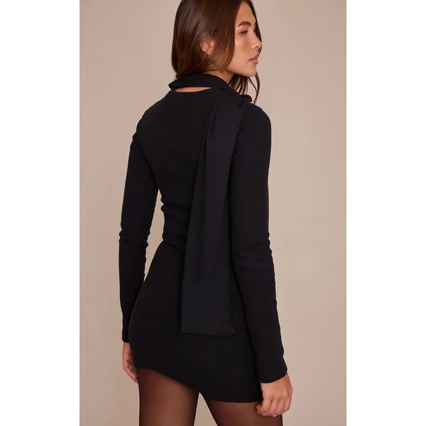 Noir Robe Courte Ajustée À Manches Longues En Côtes Brossées Avec Détail Foulard