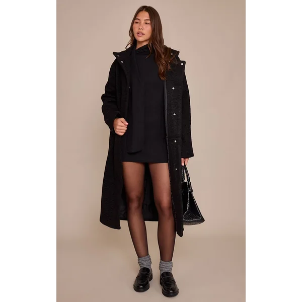 Noir Robe Courte Ajustée À Manches Longues En Côtes Brossées Avec Détail Foulard