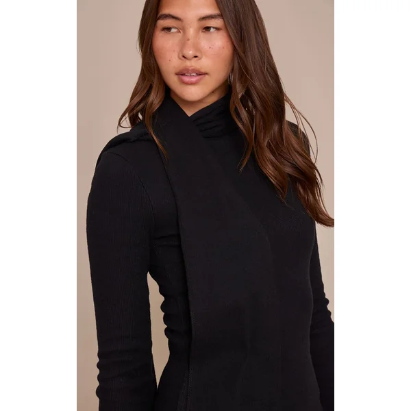 Noir Robe Courte Ajustée À Manches Longues En Côtes Brossées Avec Détail Foulard