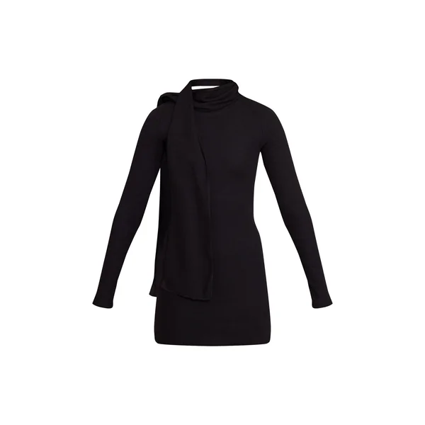 Noir Robe Courte Ajustée À Manches Longues En Côtes Brossées Avec Détail Foulard