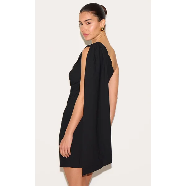 Noir Robe Courte Drapée À Épaule Dénudée En Tissu Tissé