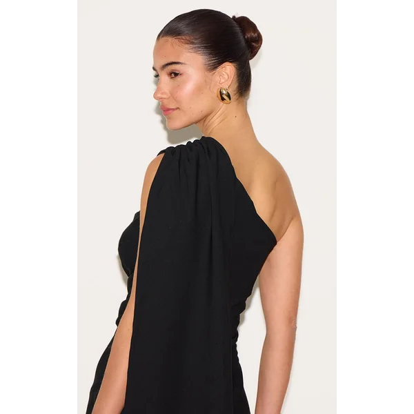 Noir Robe Courte Drapée À Épaule Dénudée En Tissu Tissé