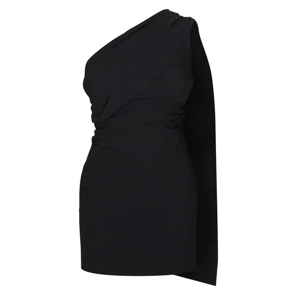 Noir Robe Courte Drapée À Épaule Dénudée En Tissu Tissé