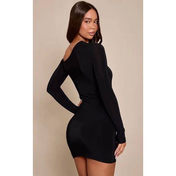 Noir Robe Courte Portefeuille À Manches Longues En Tissu Soyeux Avec Détails De Finition