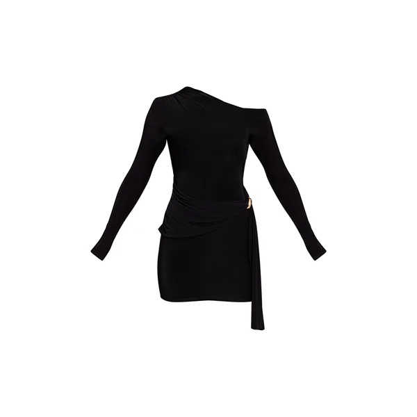 Noir Robe Courte Portefeuille À Manches Longues En Tissu Soyeux Avec Détails De Finition