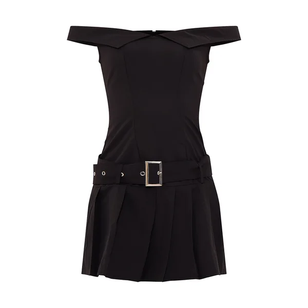 Noir Robe Droite Plissée À Ceinture Et Col Bardot