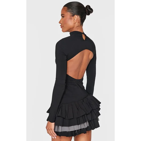 Noir Robe Droite À Manches Longues En Tissu Tissé Extensible Avec Plissage Extrême