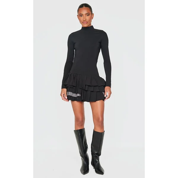 Noir Robe Droite À Manches Longues En Tissu Tissé Extensible Avec Plissage Extrême