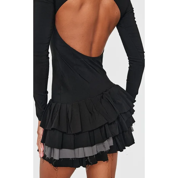 Noir Robe Droite À Manches Longues En Tissu Tissé Extensible Avec Plissage Extrême