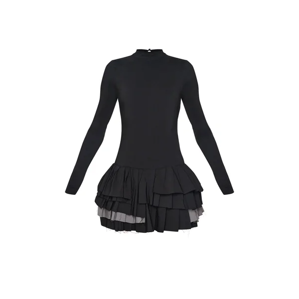 Noir Robe Droite À Manches Longues En Tissu Tissé Extensible Avec Plissage Extrême