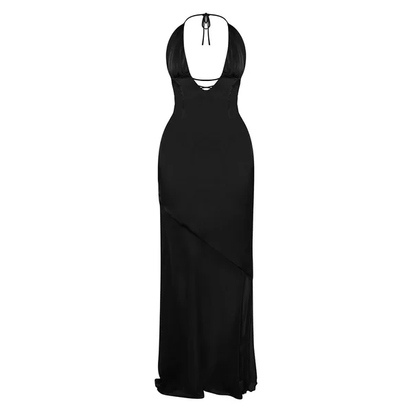 Noir Robe Longue En Satin Avec Empiècements En Résille Et Dos Noué
