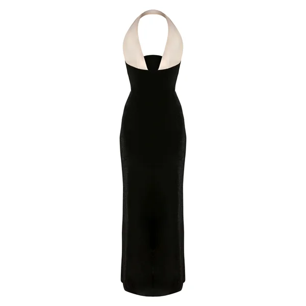 Noir Robe Longue En Velours Avec Buste En Mousseline Contrastante
