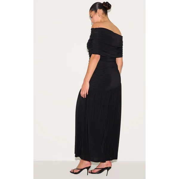 Noir Robe Longue Grande Taille À Double Couche Slinky Bardot Froncée