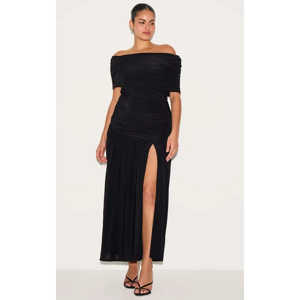 Noir Robe Longue Grande Taille À Double Couche Slinky Bardot Froncée