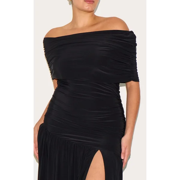 Noir Robe Longue Grande Taille À Double Couche Slinky Bardot Froncée