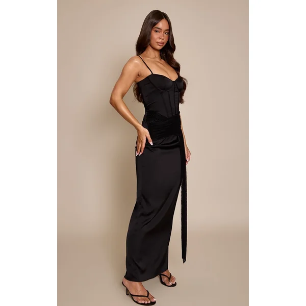 Noir Robe Longue Satinée À Corset Avec Détail De Dentelle Drapée