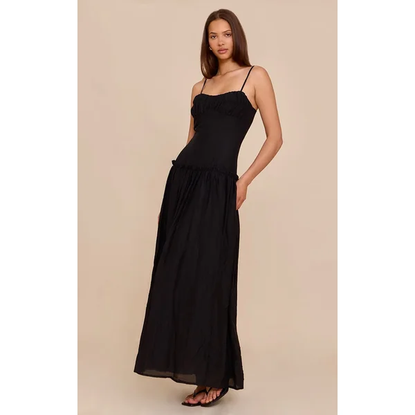 Noir Robe Longue Taille Basse À Buste Froncé
