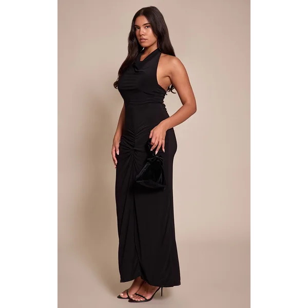 Noir Robe Maxi Ajustée À Encolure Licou Dos Noué Détail Doré Et Col Drapé