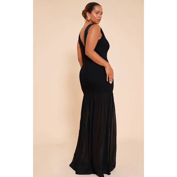 Noir Robe Maxi Ajustée À Fronces Avec Dos Échancré Et Ourlet Contrasté Asymétrique