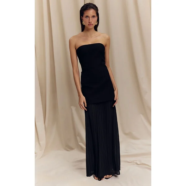 Noir Robe Maxi Bandeau À Jupe Plissée En Mousseline Avec Panneaux