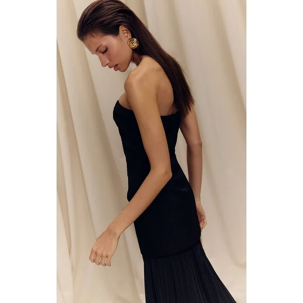 Noir Robe Maxi Bandeau À Jupe Plissée En Mousseline Avec Panneaux
