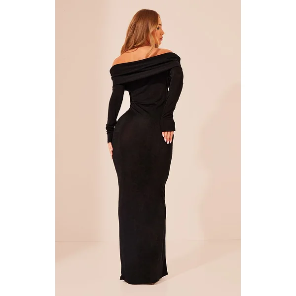 Noir Robe Maxi Bardot À Manches Longues En Jersey Slinky Acétate