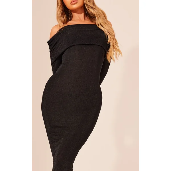 Noir Robe Maxi Bardot À Manches Longues En Jersey Slinky Acétate