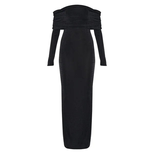 Noir Robe Maxi Bardot À Manches Longues En Jersey Slinky Acétate