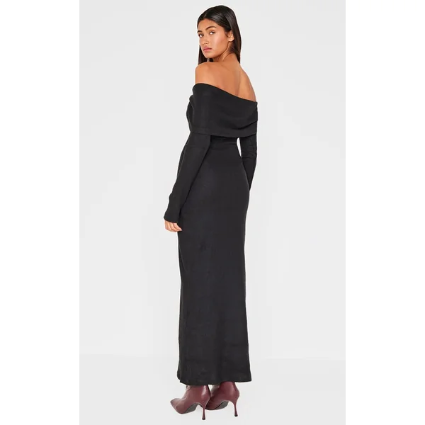 Noir Robe Maxi Côtelée Brossée Épaisse Avec Encolure Bardot